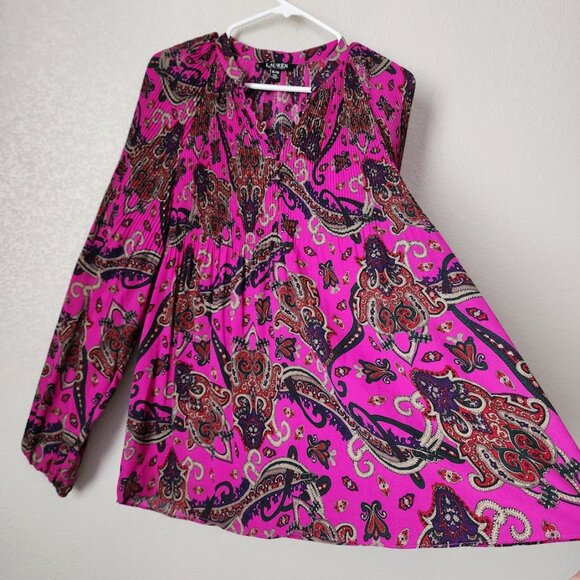 RALPH LAUREN Georgette Paisley Pleated blouse in purple XL - Picture 5 of 12